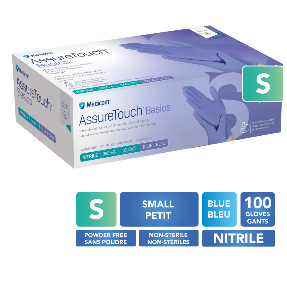 MEDICOM® AssureTouch™ Basics Gants de nitrile texturés sans poudre - Petit (100) Bleu