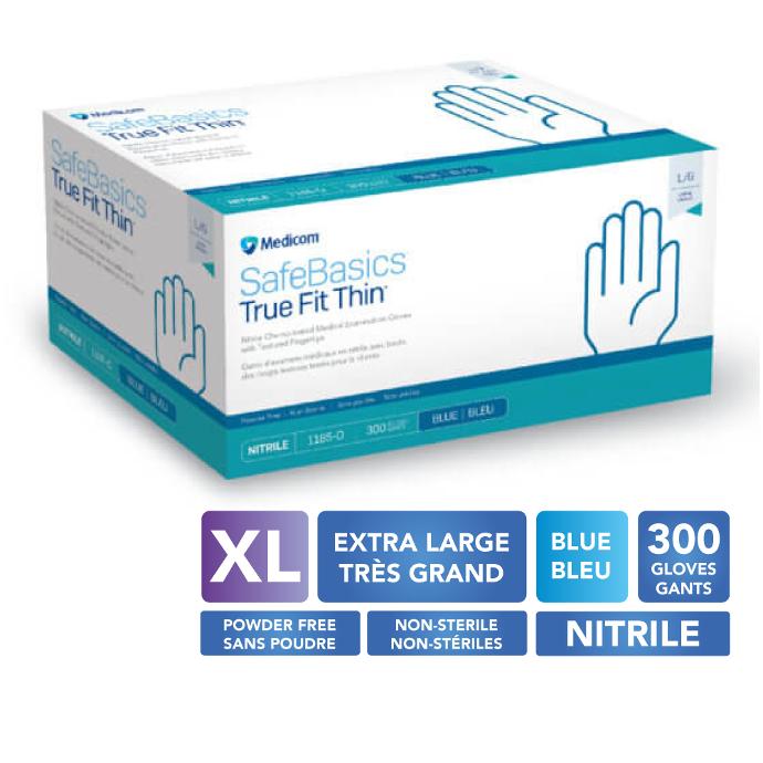 [5MED1185E XGRAND BLE] MEDICOM® SafeBasics™ True Fit Thin™ Gants en nitrile texturés sans poudre - Très grand (300) Bleu