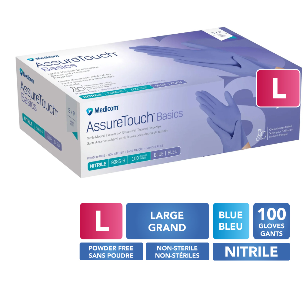 [5MED9985-D] MEDICOM® AssureTouch™ Basics Gants de nitrile texturés sans poudre - Grand (100) Bleu