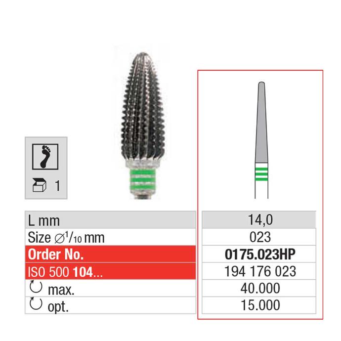 [2EK0175023] EDENTA® Fraise aiguille en céramique - denture simple avec section transversale (bague verte)